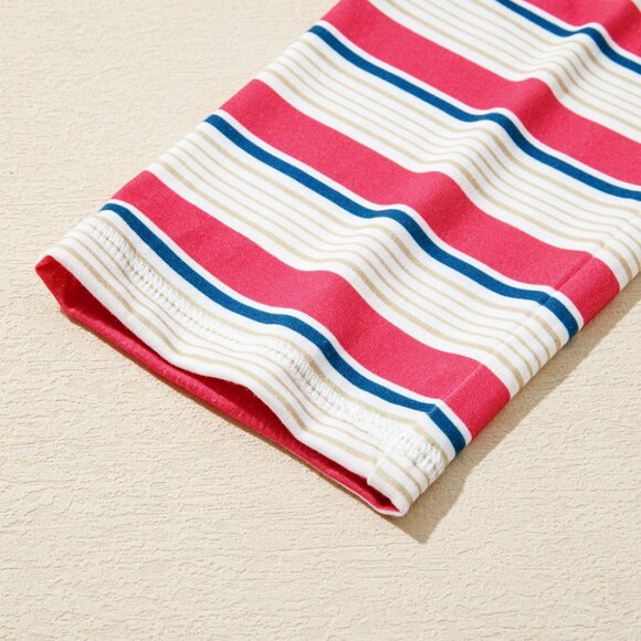 B354 Pink Color Block Round Neck Exposed Seam Patchwork Striped Long Sleeve Top - Picture 8 of 11